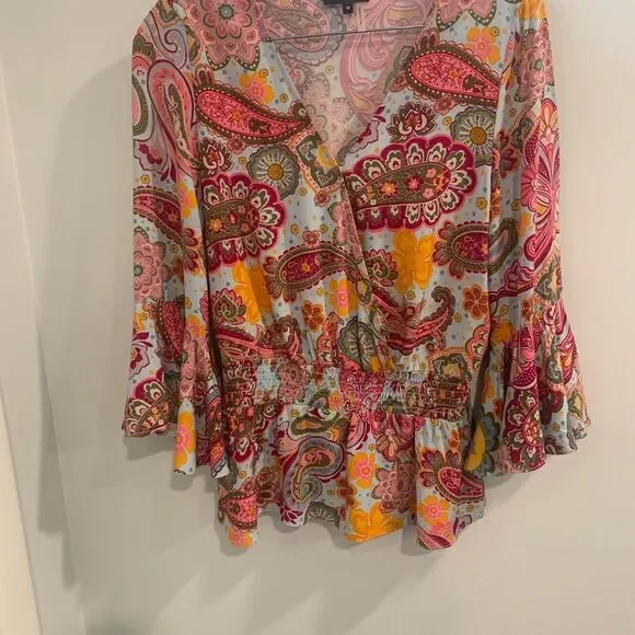 1. State Pink and Orange Ruffled Bell Sleeve Blouse - Picture 9 of 12